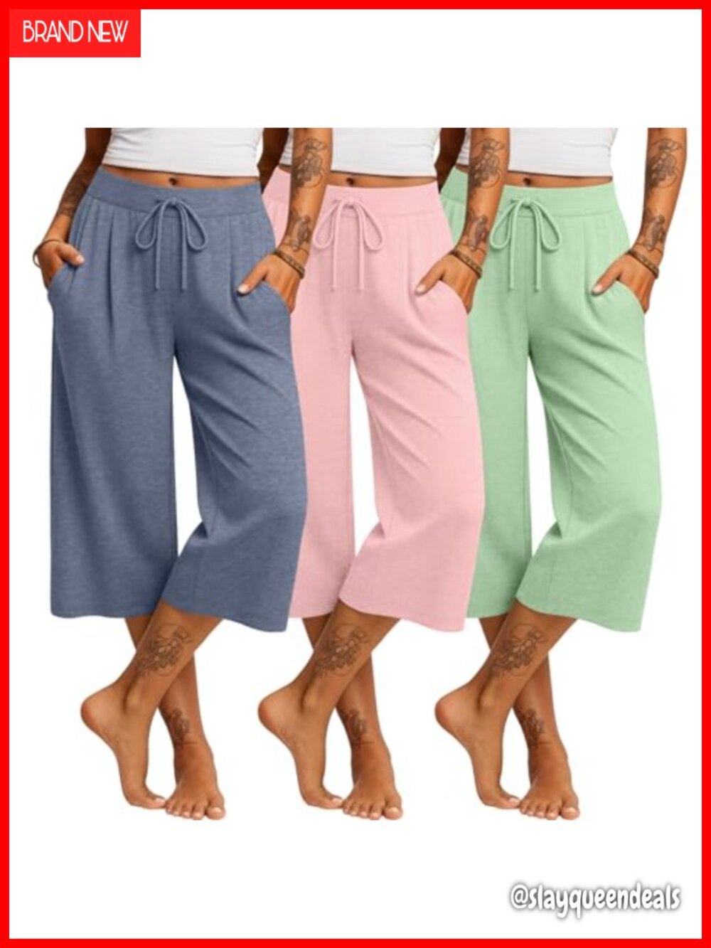 3 Pack Women's Capri Pants Wide Leg Drawstring Yoga Sweatpants with Pockets